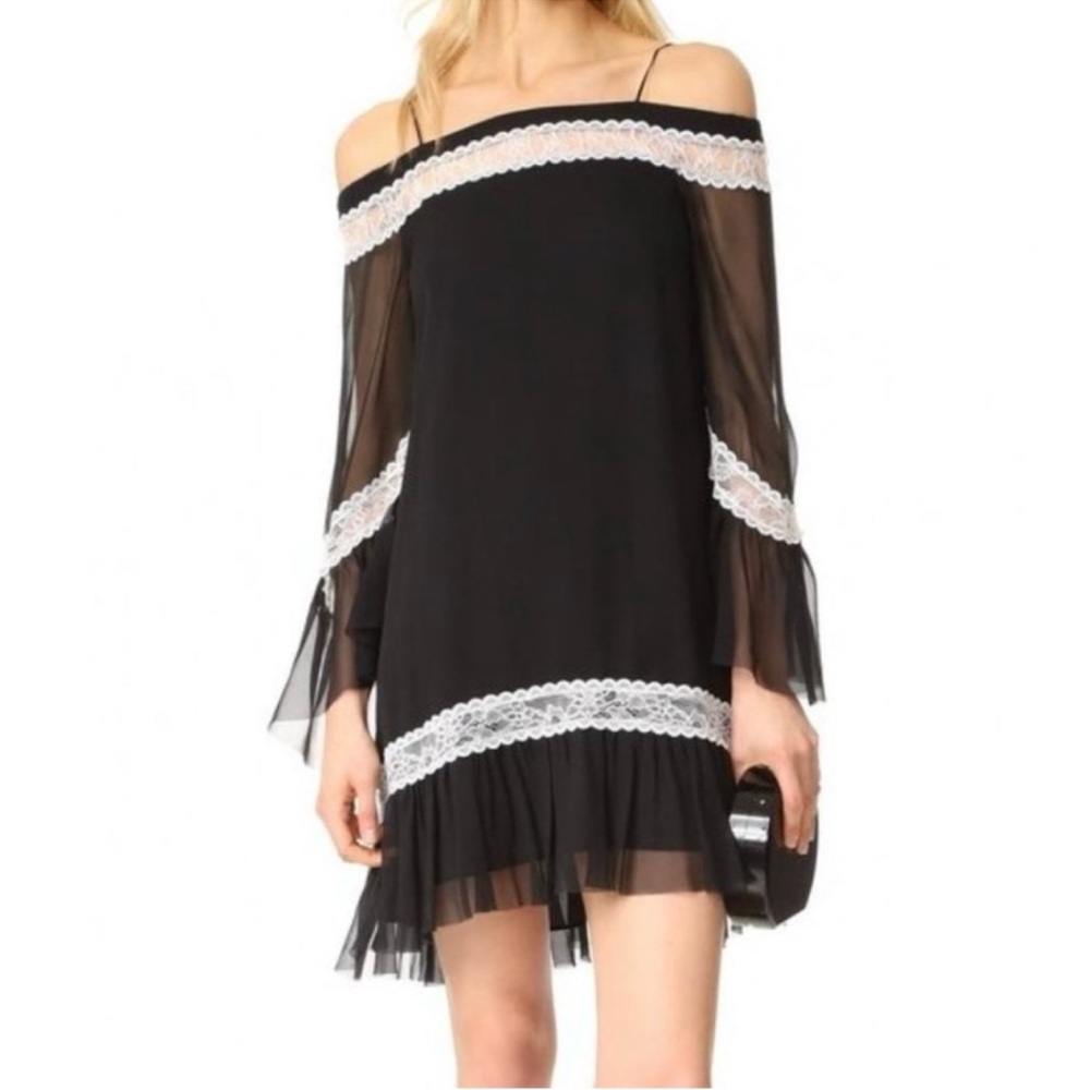 Alice + Olivia Willie Silk and lace off shoulder black dress